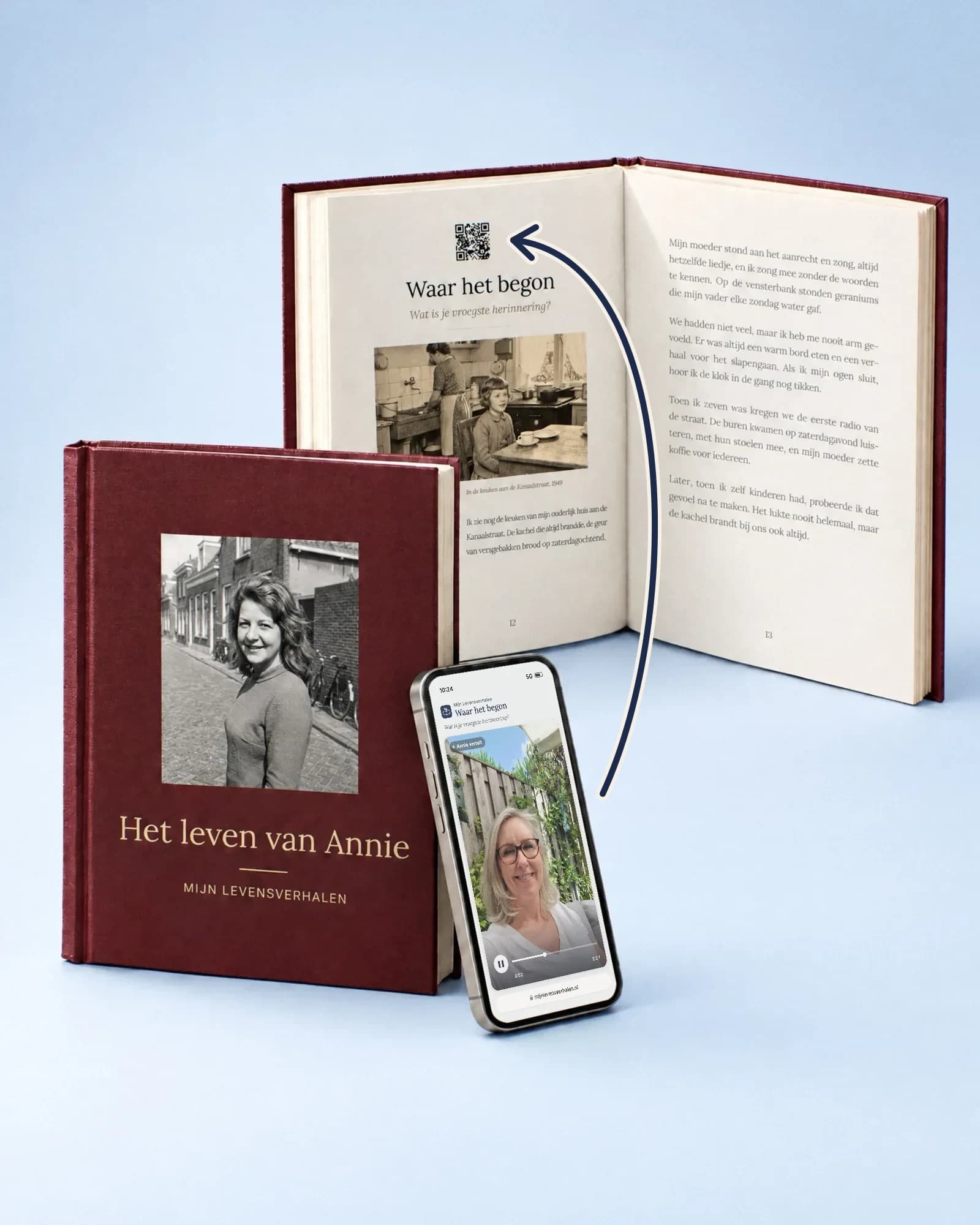 Das Mijn Levensverhalen-Buch Das Leben von Annie, geschlossen und aufgeschlagen mit einem QR-Code, neben einem Handy, auf dem Annie ihre Geschichte erzählt